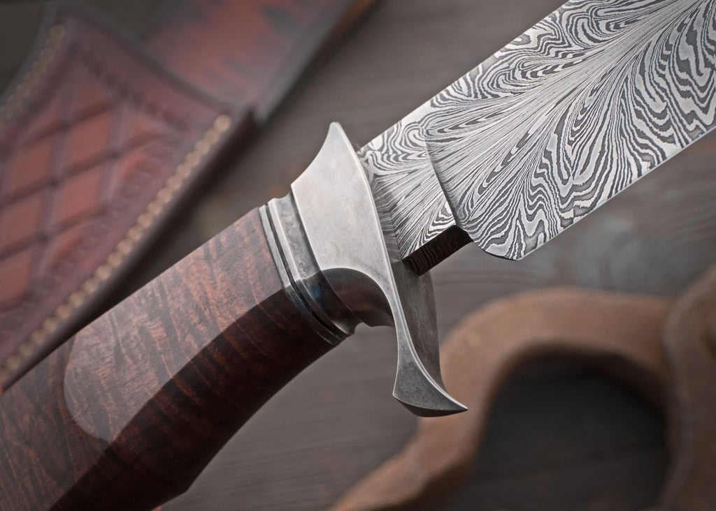 HTS-7 Damascus FEATHER Bowie // Custom // WENGE Wood Handle Amazing grains  // Damascus Fittings / Feather Forged Pattern // Camp // Hunting